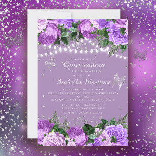 Purple Floral Silver Butterflies Quinceañera Invitation