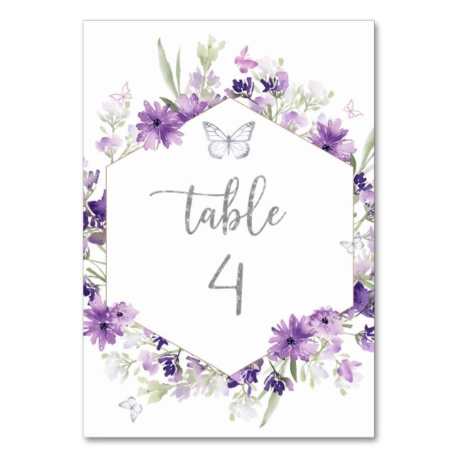 Purple floral silver butterfly table number (Front)