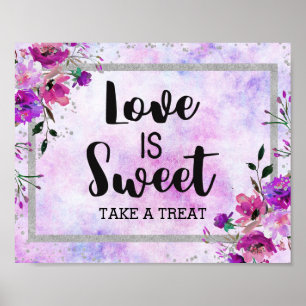 Purple Floral & Silver Confetti Love is Sweet Poster