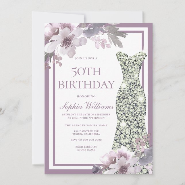 Purple Floral Silver Diamond Dress 50th Birthday Invitation (Front)