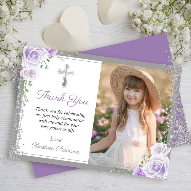 Purple Floral Silver First Holy Communion Photo Thank You Card (Creator Uploaded)