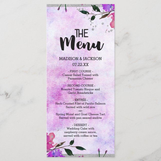 Purple Floral & Silver Frame Confetti Wedding Menu (Front)