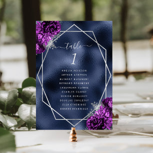 Purple Floral Silver Frame Navy Blue Foil Wedding Table Number