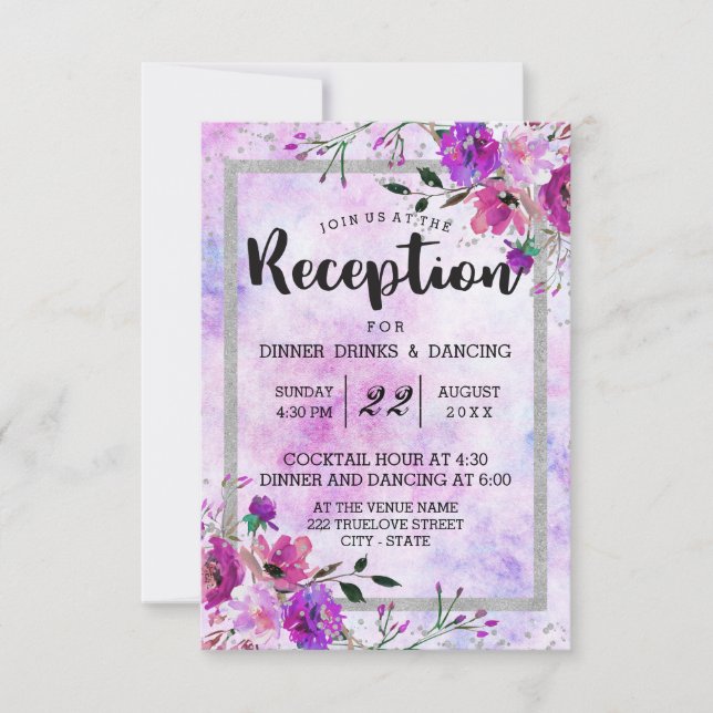 Purple Floral & Silver Frame Wedding Reception Invitation (Front)