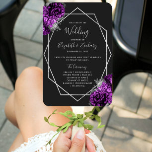 Purple Floral Silver Geo Black Wedding Program Hand Fan