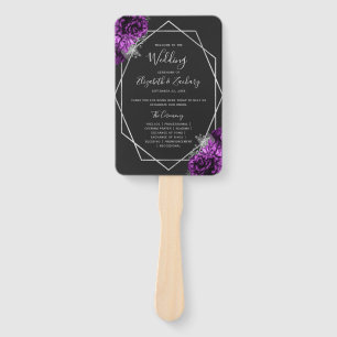 Purple Floral Silver Geo Black Wedding Program Hand Fan