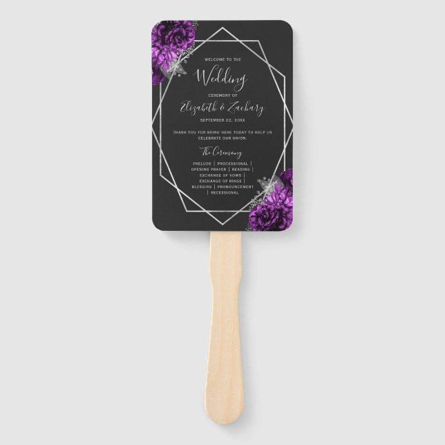 Purple Floral Silver Geo Black Wedding Program Hand Fan (Front)