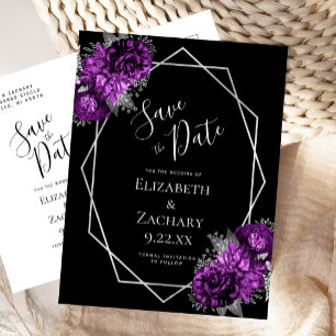Purple Floral Silver Geo Frame Black Save the Date Postcard
