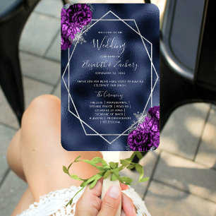 Purple Floral Silver Geo Navy Foil Wedding Program Hand Fan