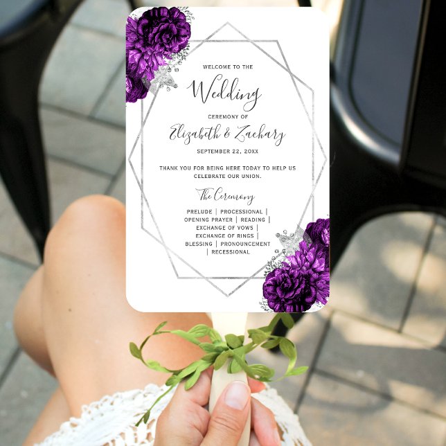 Purple Floral Silver Geo White Wedding Program Hand Fan (Creator Uploaded)