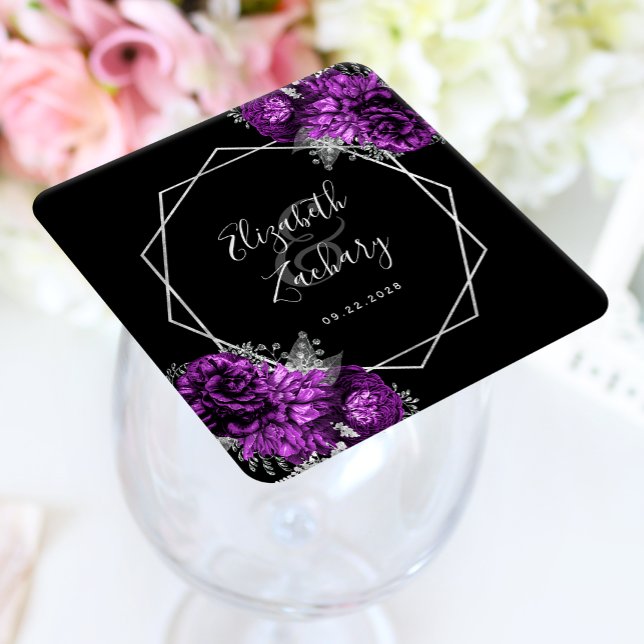 Purple Floral Silver Geometric Black Wedding Square Paper Coaster (Creator Uploaded)