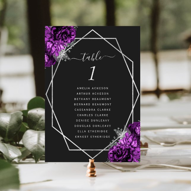 Purple Floral Silver Geometric Frame Black Wedding Table Number (Creator Uploaded)
