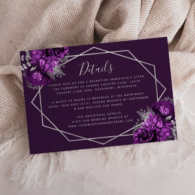 Purple Floral Silver Geometric Wedding Details Enclosure Card (Creator Uploaded)