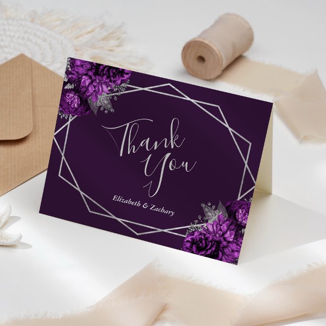 Purple Floral Silver Geometric Wedding Thank You Card (Creator Uploaded)