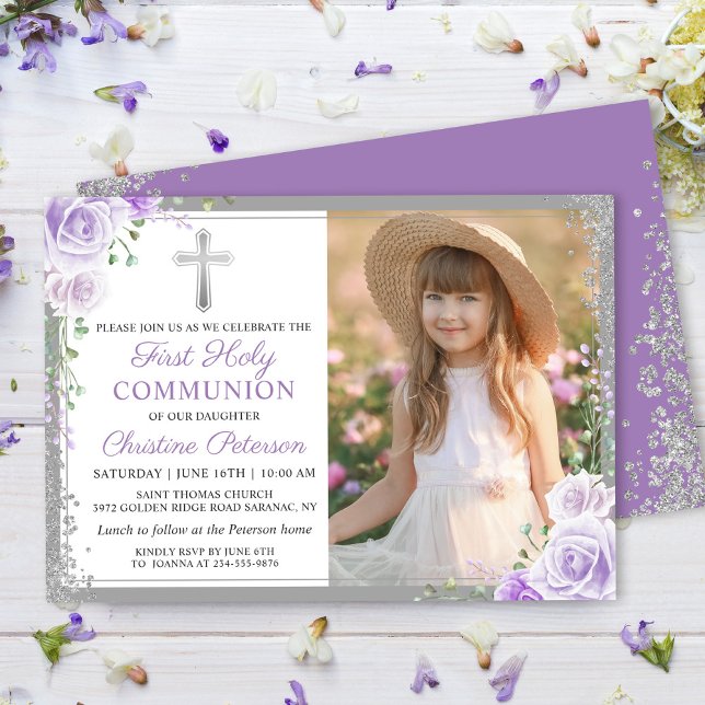 Purple Floral Silver Girl 1st Holy Communion Photo Invitation (Creator Uploaded)