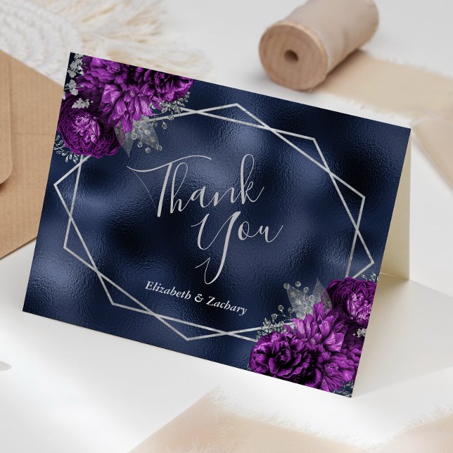 Purple Floral Silver Navy Blue Foil Wedding Thank You Card (Creator Uploaded)