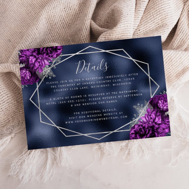 Purple Floral Silver Navy Blue Wedding Details Enclosure Card (Creator Uploaded)