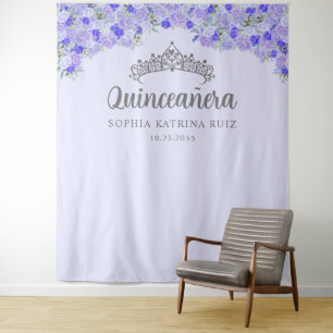 Purple Floral Silver Quinceanera Photo Backdrop Tapestry