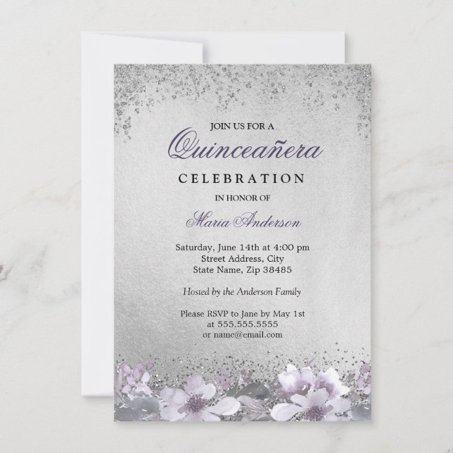 Purple Floral Silver Shimmer Quinceanera Invite (Front)