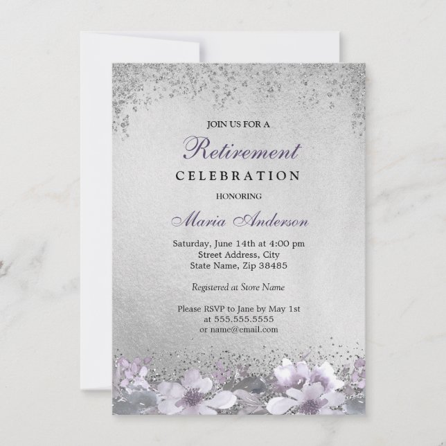 Purple Floral Silver Shimmer Retirement Party Invitation (Front)