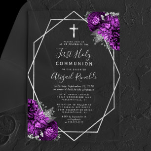 Purple Floral Silver Text First Holy Communion Acrylic Invitations