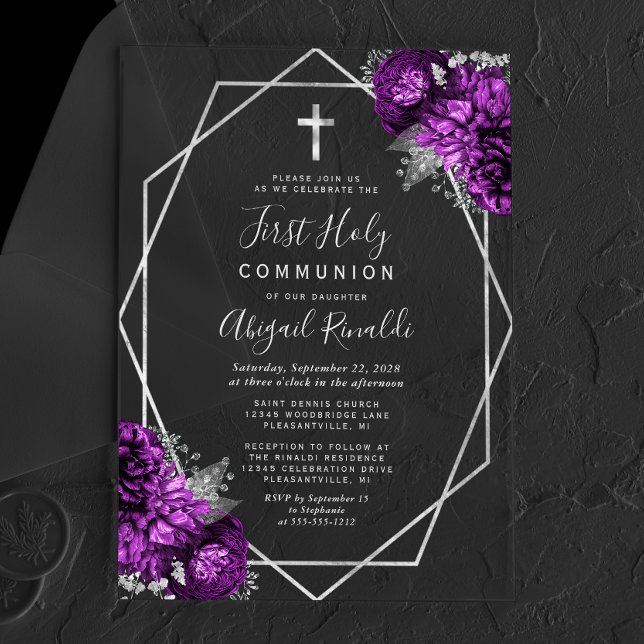Purple Floral Silver Text First Holy Communion Acrylic Invitations (Creator Uploaded)