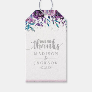 Purple Floral & Silver Wedding Love & Thanks Gift Tags