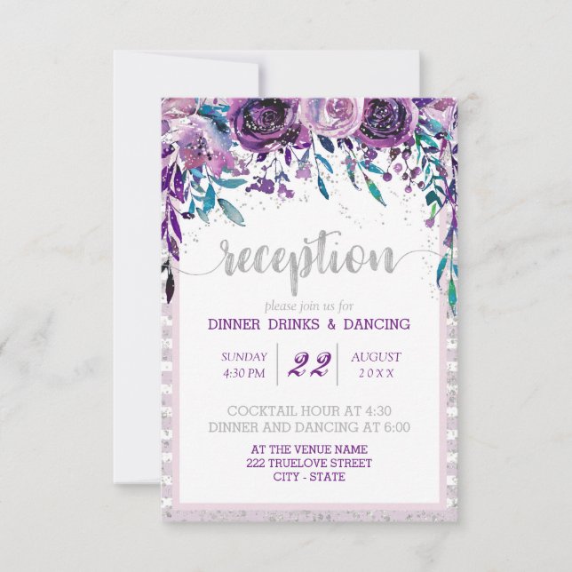 Purple Floral & Silver Wedding Reception Invitation (Front)