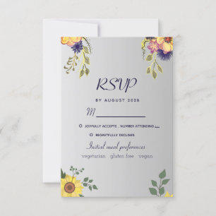 Purple Floral Silver Wedding RSVP Card