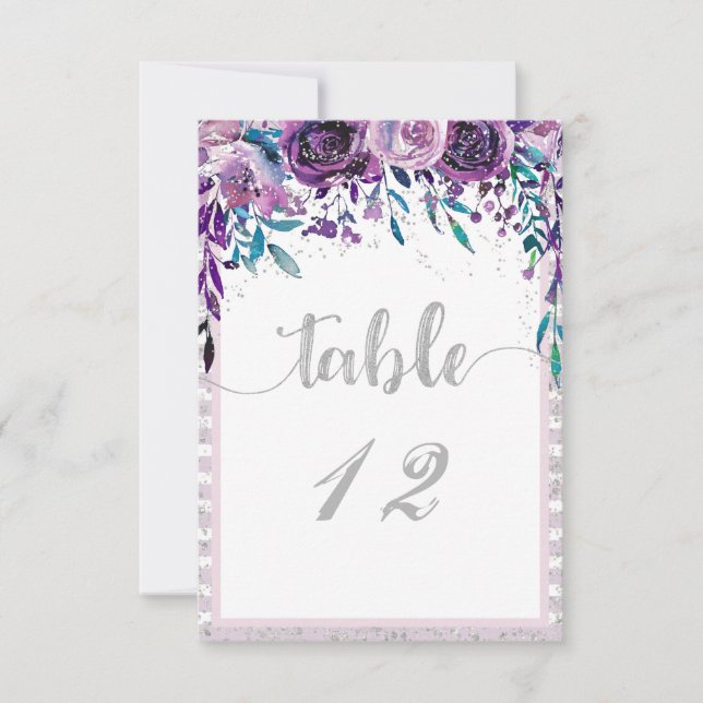 Purple Floral & Silver Wedding Table Numbers (Front)