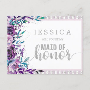 Purple Floral Silver Will You Be My Maid of Honour Invitation