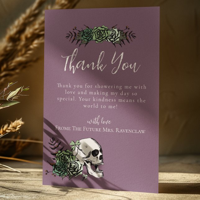 Purple Floral Skull Roses Gothic Bridal Shower Thank You Card (Purple Irish Gothic Thank You Card for Bridal Shower or St. Patrick's Day. Hand Drawn Skull & Roses)