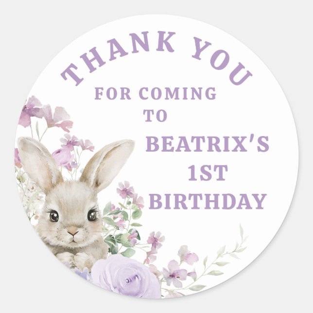 Purple Floral Some Bunny Turning One 1st Birthday Classic Round Sticker (Front)