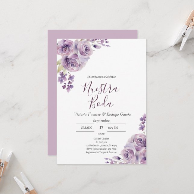 Purple Floral Spanish Wedding Invitation (Front/Back In Situ)