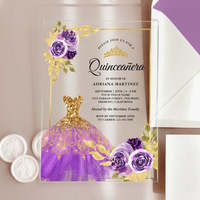 Purple Floral Sparkle Dress Gold Quinceanera Acrylic Invitations (Creator Uploaded)