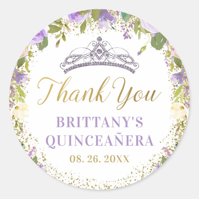  Purple Floral Sparkle Gold Quinceanera Thank You Classic Round Sticker (Front)