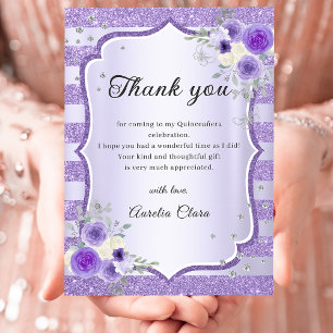 Purple Floral Sparkle Quinceanera Thank You Card