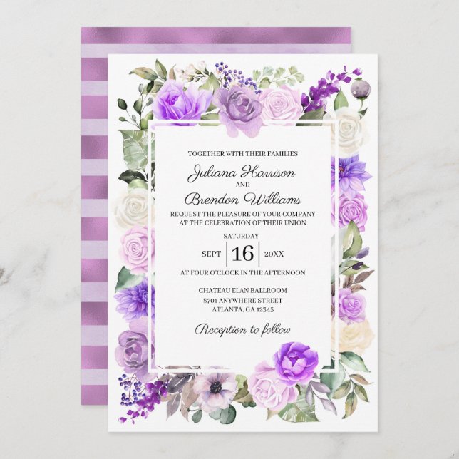 Purple Floral Spring Wedding Invitation (Front/Back)