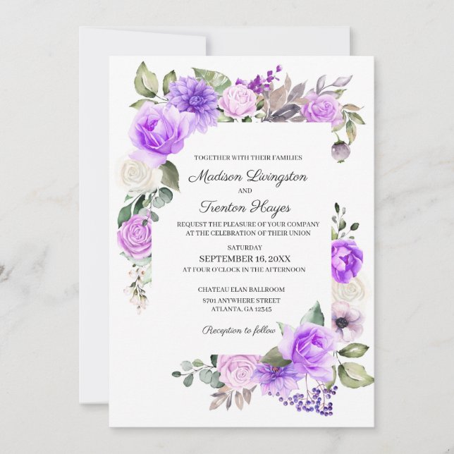 Purple Floral Spring Wedding Invitation (Front)