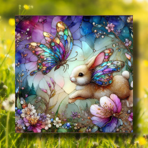 Purple Floral Stained Glass Bunny Butterfly Easter Holiday Card