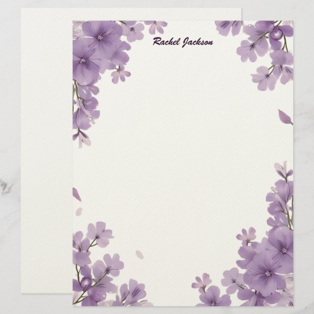 Purple Floral Stationery Paper Custom Letterhead (Front/Back)