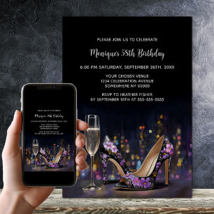 Purple Floral Stiletto Shoes Birthday Party Invitation