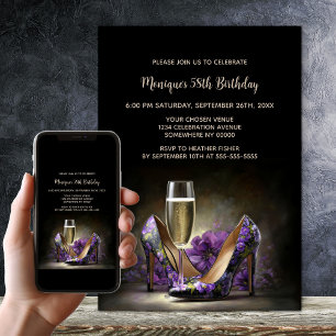 Purple Floral Stiletto Shoes Birthday Party Invitation