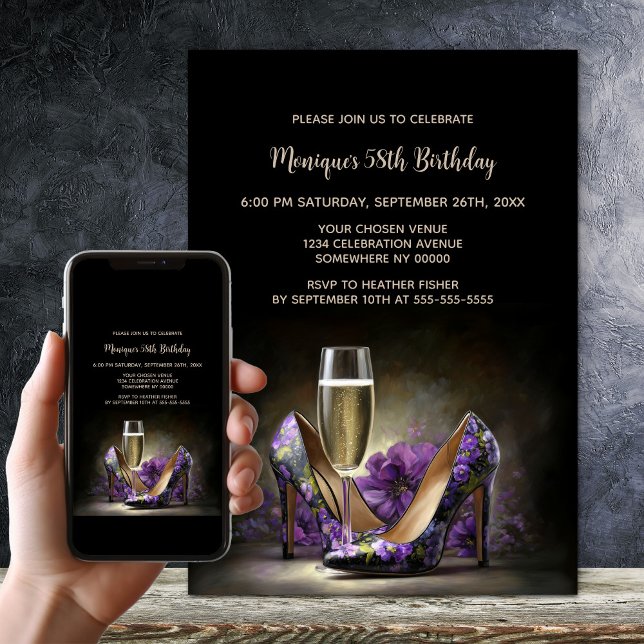 Purple Floral Stiletto Shoes Birthday Party Invitation (Creator Uploaded)