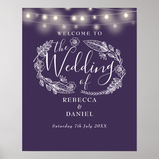 Purple Floral String Lights Wedding Welcome Sign (Front)