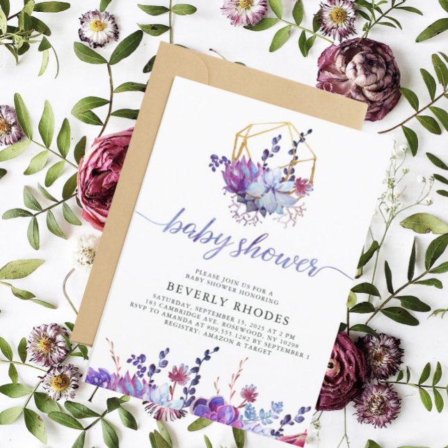Purple Floral Succulent Baby Shower Invitation (Creator Uploaded)