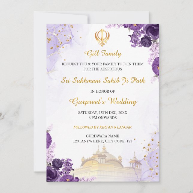Purple Floral Sukhmani Sahib Path Invitation Card (Front)
