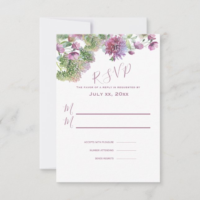Purple Floral Summer In Bloom Wedding RSVP Card (Front)