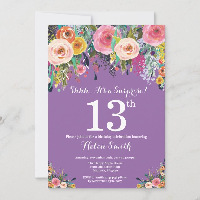 Purple Floral Surprise 13th Birthday Invitation (Front)
