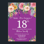 Purple Floral Surprise 18th Birthday Invitation<br><div class="desc">Purple Floral Surprise 18th Birthday Invitation for Women. Watercolor Floral Flower. Purple Lilac Lavender Violet Background. Pink, Yellow, Orange, Purple Flower. Adult Birthday. 13th 15th 16th 18th 20th 21st 30th 40th 50th 60th 70th 80th 90th 100th, Any Ages. For further customisation, please click the "Customise it" button and use our...</div>